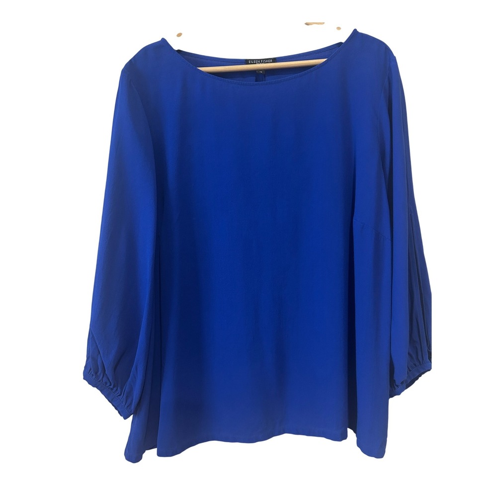 Eileen Fisher Blouse Size 1X Blue 100% Silk Crepe Boat Neck Career Office Church